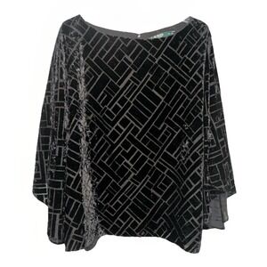 Lauren Ralph Lauren Womens 2X Black Burnout Velvet Blouse Geometric Deco Sheer